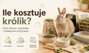 Ile kosztuje królik? Obraz przedstawia uroczego królika, jego wyprawkę i koszty utrzymania.