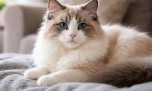 Uroczy kot rasy Ragdoll z niebieskimi oczami leży na szarym kocu.