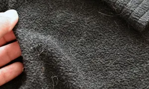 Dłoń dotyka ciemnego materiału pokrytego widocznymi, jasnymi włoskami i kłaczkami.
