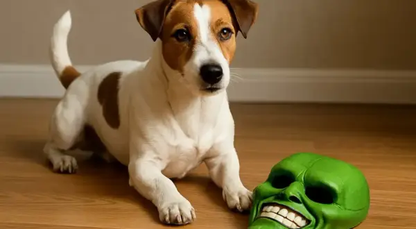 Jack Russell terrier obok zielonej maski z filmu "Maska". Pies z maski rasa, gotowy do zabawy.
