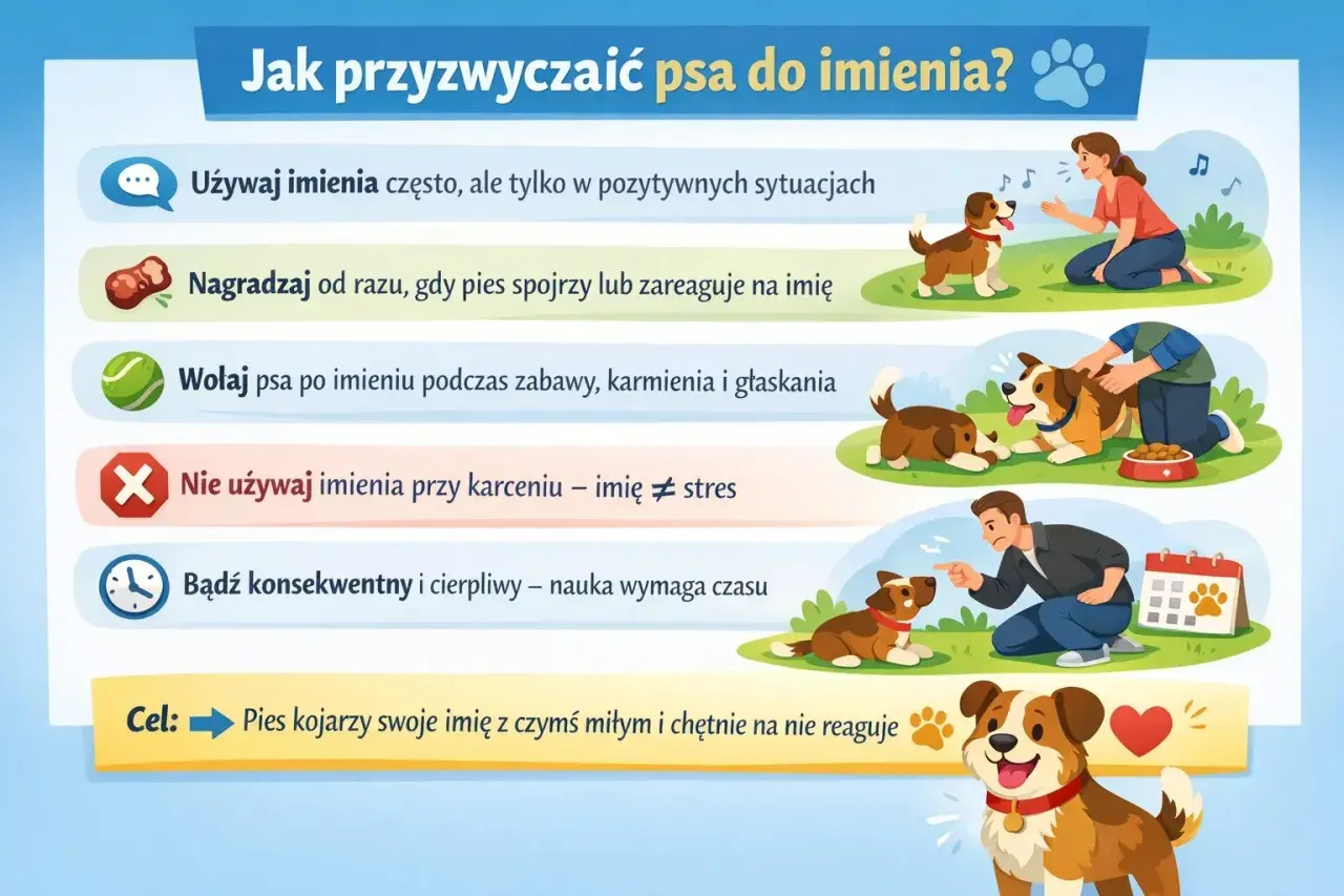 Jak przyzwyczaić psa do imienia? Używaj go w pozytywnych sytuacjach, nagradzaj reakcję. Cel: pies kojarzy imię z czymś miłym.