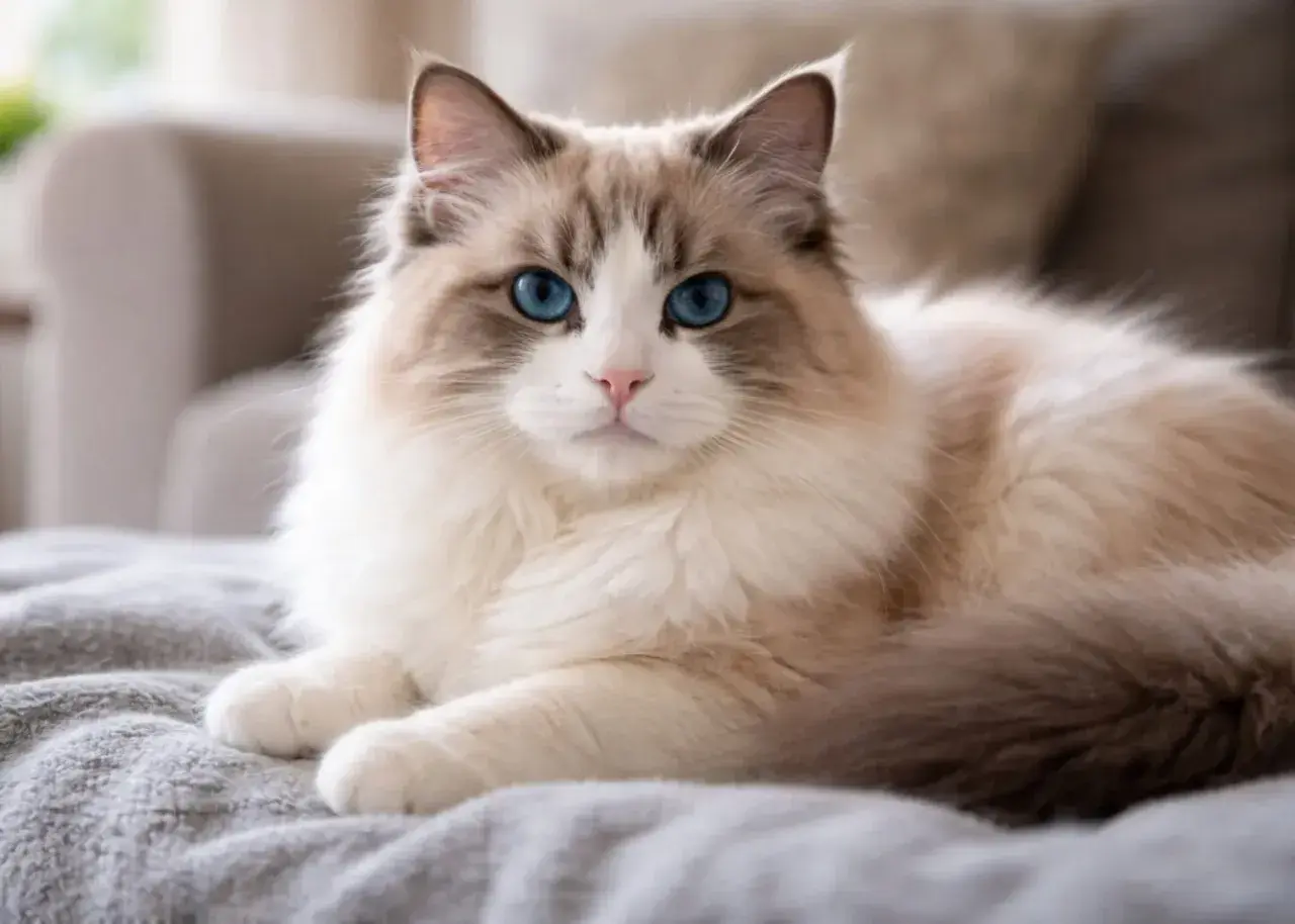 Uroczy kot rasy Ragdoll z niebieskimi oczami leży na szarym kocu.
