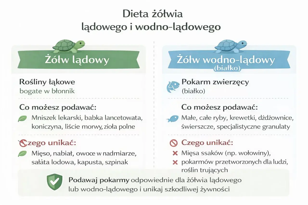 Co jedzą żółwie? Lądowe żywią się roślinami łąkowymi, wodno-lądowe pokarmem zwierzęcym. Unikaj mięsa i nabiału dla lądowych.