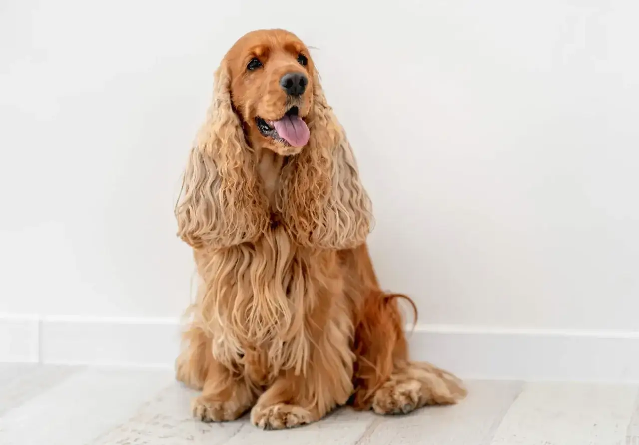 Cocker spaniel angielski usposobienie: przyjazny, wesoły piesek siedzi na podłodze, z językiem na wierzchu.
