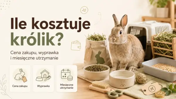 Ile kosztuje królik? Obraz przedstawia uroczego królika, jego wyprawkę i koszty utrzymania.