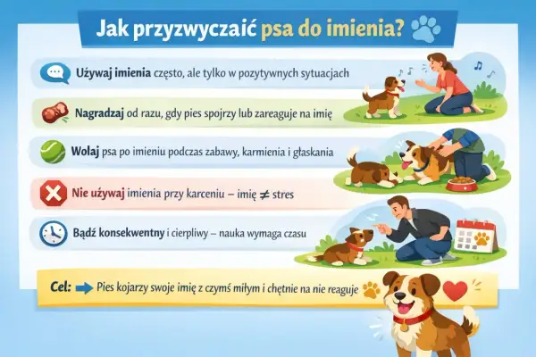 Jak przyzwyczaić psa do imienia? Używaj go w pozytywnych sytuacjach, nagradzaj reakcję. Cel: pies kojarzy imię z czymś miłym.