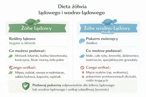 Co jedzą żółwie? Lądowe żywią się roślinami łąkowymi, wodno-lądowe pokarmem zwierzęcym. Unikaj mięsa i nabiału dla lądowych.