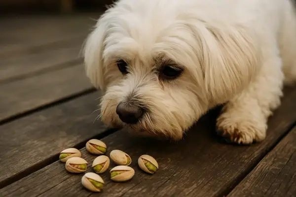 Biały piesek z zaciekawieniem wpatruje się w garść pistacji. Czy pies może jeść pistacje?
