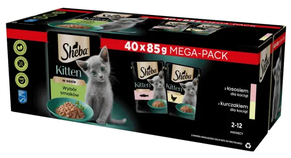 Opakowanie karmy Sheba Kitten z uroczym kotkiem. Czy Sheba to dobra karma? Ten wybór smaków z łososiem i kurczakiem dla kociąt może być odpowiedzią.